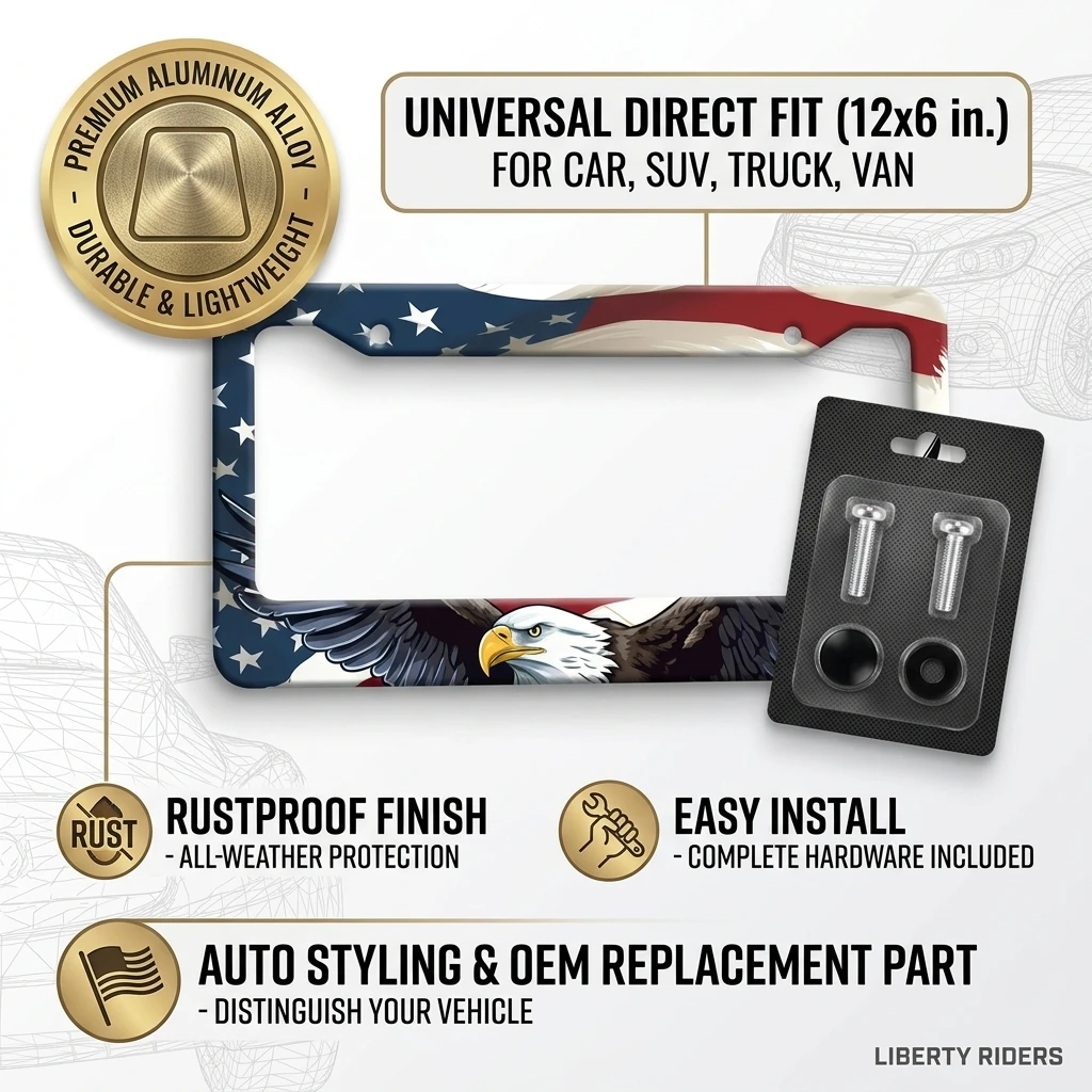 Universal Eagle Pattern License Plate Frame Aluminum Alloy Protection Frame For Car SUV Truck Van Auto Front Rear License Plate Holder Cover Rustproof Durable Direct Fit Easy Install Car Accessories Auto Styling OEM Replacement Part With Screws Kit