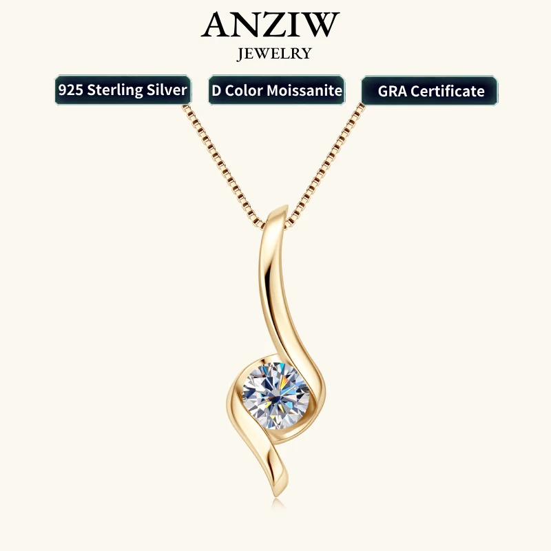 Anziw Real 1.0Carat Moissanite Twist Necklaces for Woman 100% 925 Silver Drop Pendant GRA Certified Trendy Fine Jewelry Gifts