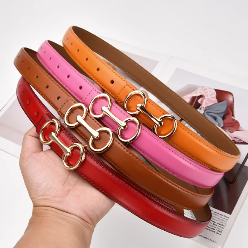 2.4cm Belts for Women Girls Fashion Waist Belt Cowhide Leather Simple 8 Metal Pin Buckle Belt Leisure Dress Jeans Waistband