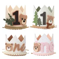 Baby One Year Old Hats Jungle Safari 1st Birthday Cartoon Bear Crown Kids Boy Girl Hat Happy First Birthday Party Decor