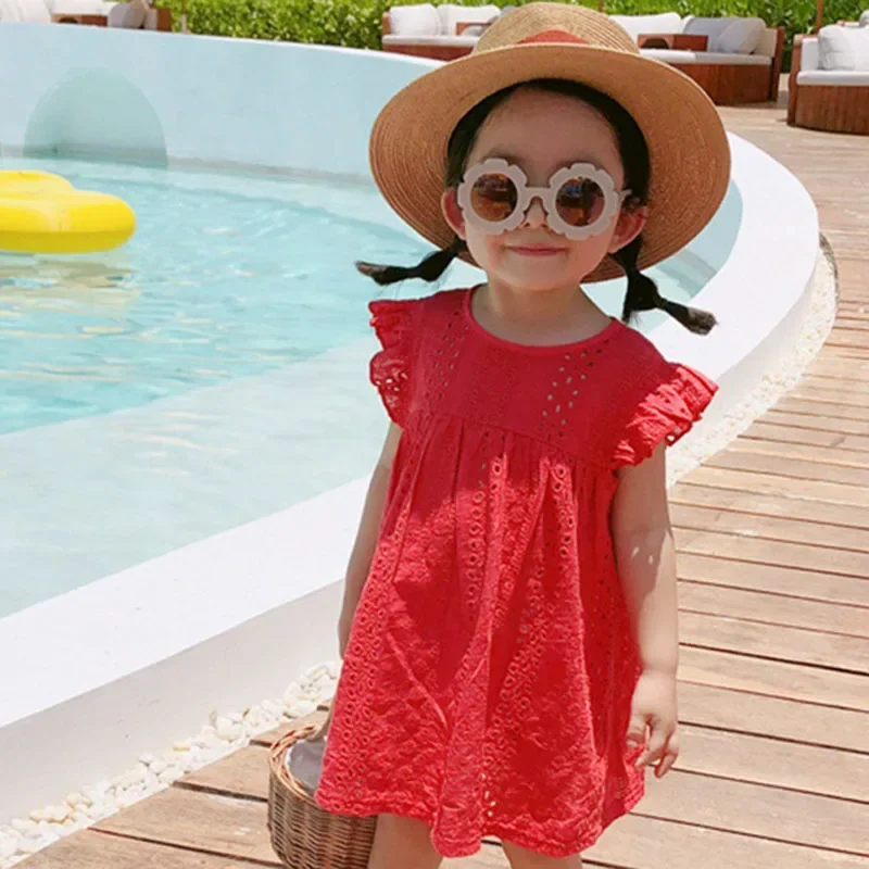 Summer Girls Dress Korean Holiday Casual Solid Color Cute Hollow Flying Sleeve Lace Princess Dress Baby Kids Children\'S Clothing