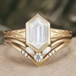 New European and American light luxury wheat ear shaped rectangular zircon inlaid women's two-piece ring set