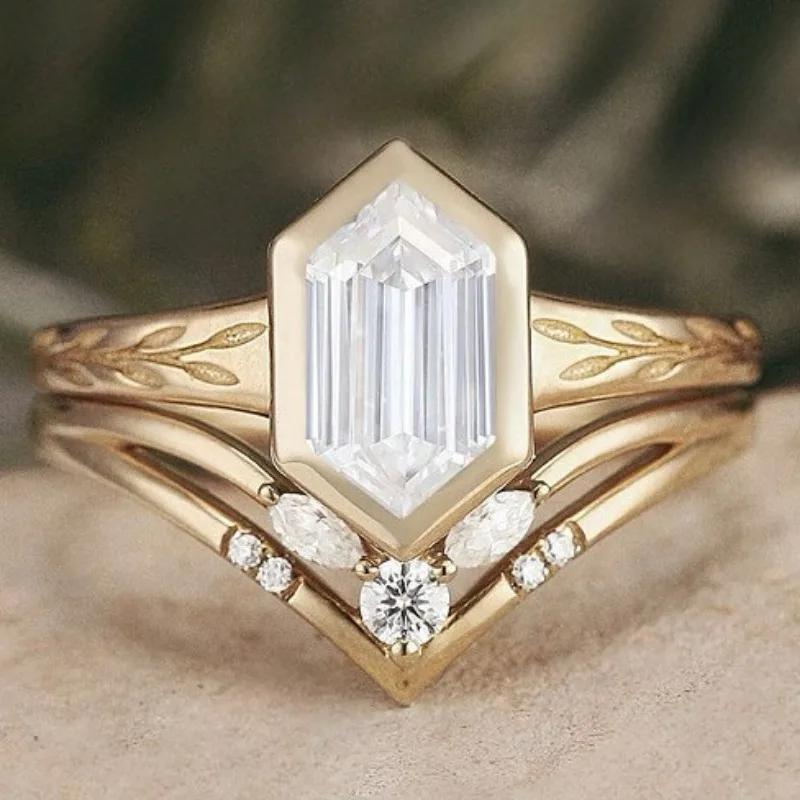 New European and American light luxury wheat ear shaped rectangular zircon inlaid women's two-piece ring set