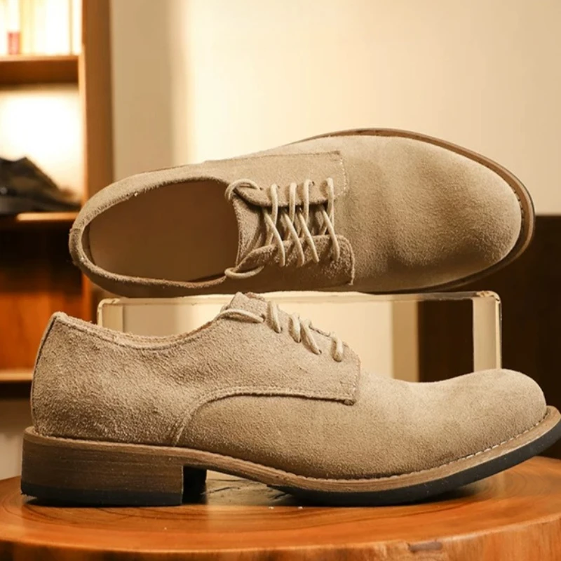 

Europe/American Brown Velvet Horse Leather Derby Shoes Men's Dress Shoes Genuine Leather Handmade Casual Height-increasing Shoes