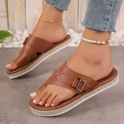 Women Sandals Outside Casual Beach Women Shoes Summer Brown Flats Women Flip Flops Walking Clip Toe Roman Buckle Ladies Sandals