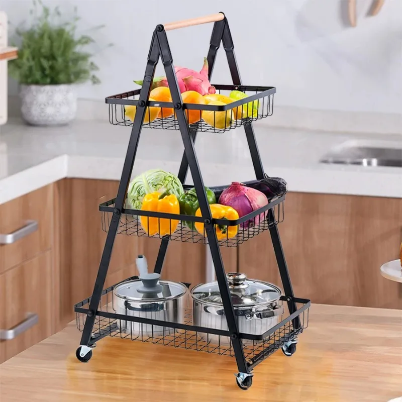 3-tier Fruit Basket with Wheels, Large Capacity Storage Basket for Fruits, Vegetables, Kitchen Storage Organizer , Trolley