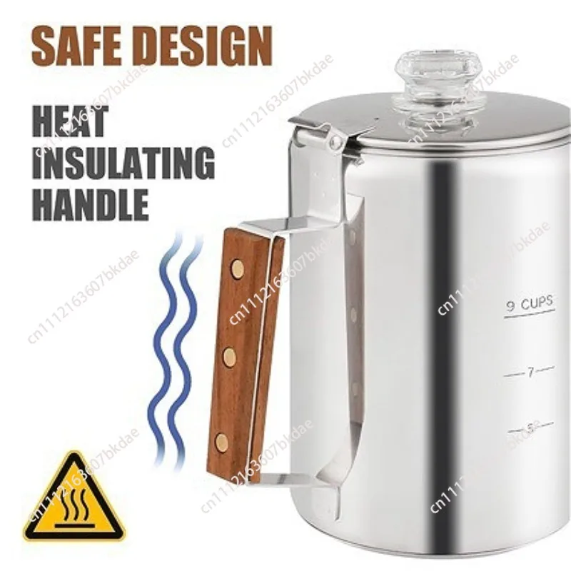 Stainless Steel Camping Coffee Percolator Wooden Handle Stovetop Portable Home Brewing Coffee Pot