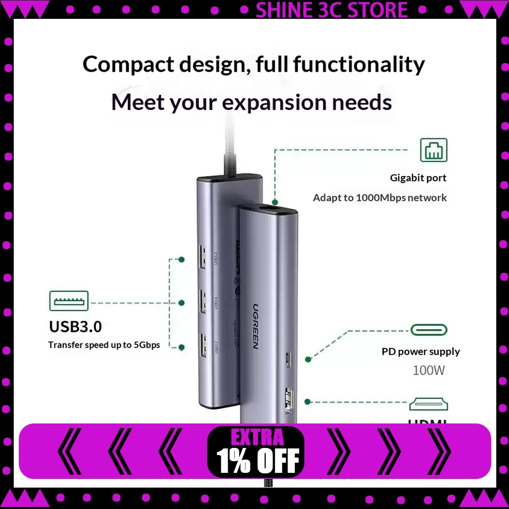 UGREEN 15598 Revodok 6 in 1 USB C Hub 4K HDMI Gigabit Ethernet 100W PD 3 USB 3.0 Adapter for MacBook Laptop