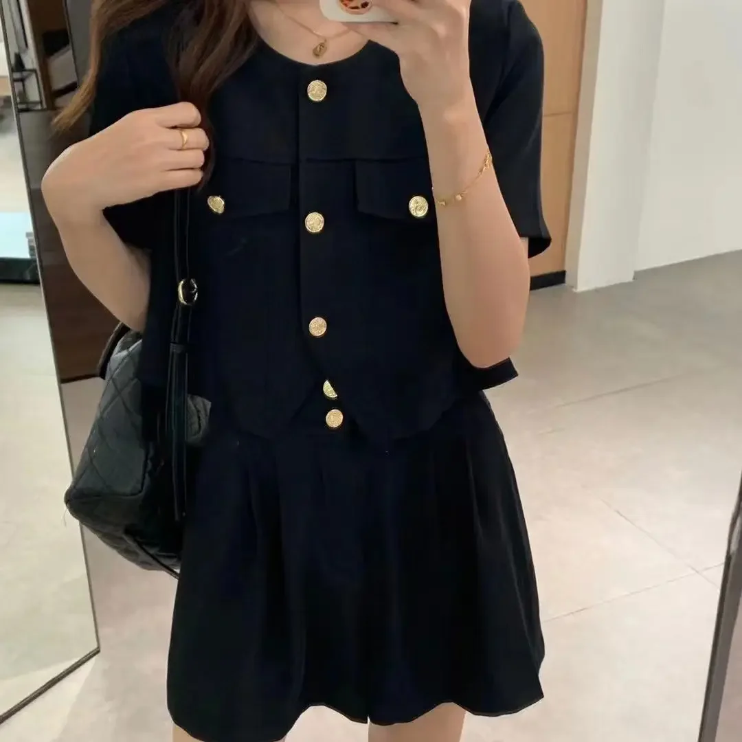 

Women's Short Sets 2 Pieces Straight Round Neck Black New in Matching Top and Bottom Clothing Trend 2025 Novelty Female Shorts
