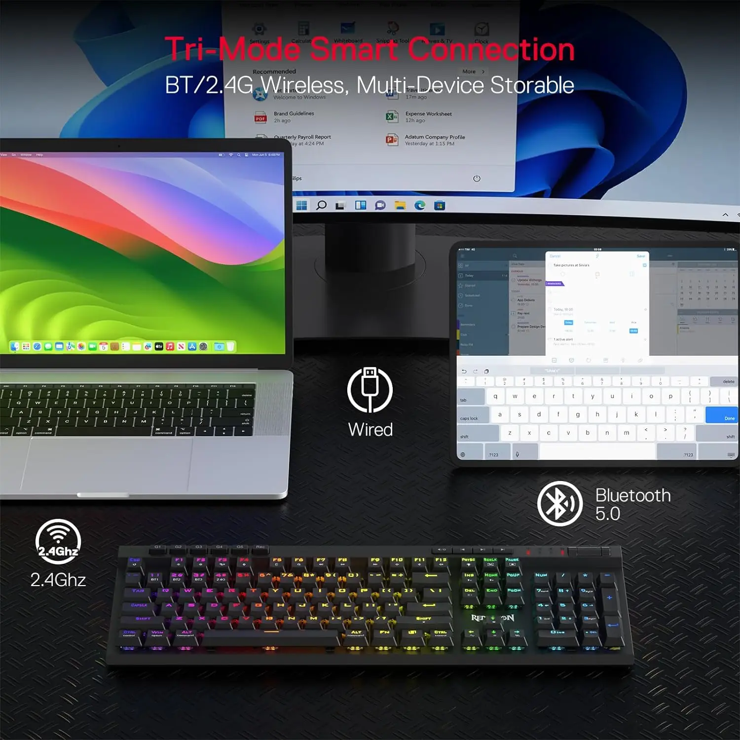 Redragon K580 PRO 무선 RGB 게임용 키보드, 3가지 모드 104키 기계식 키보드 핫스왑 소켓, 선형 빨간색 스위치 썸네일 5
