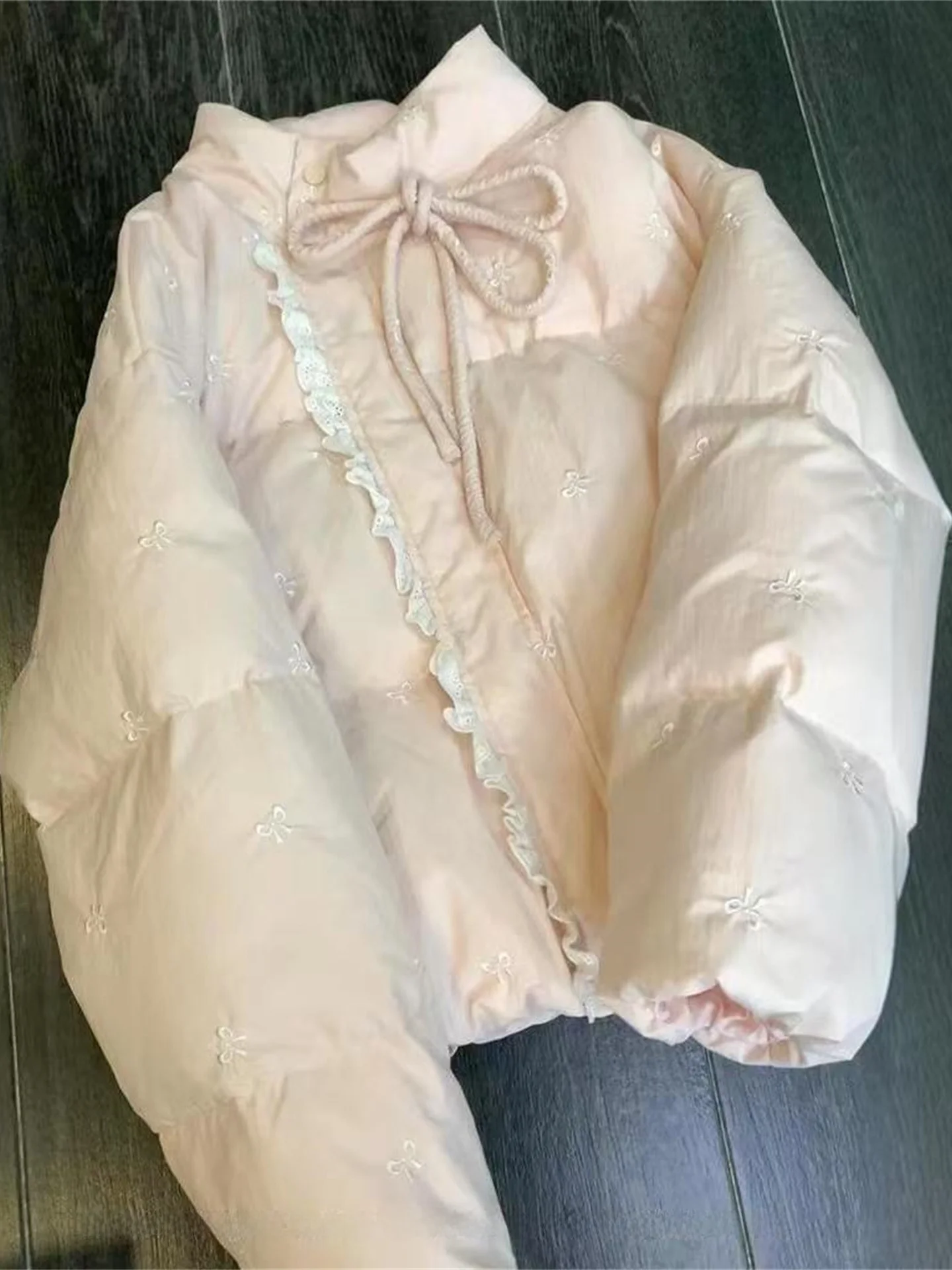 

Женское зимнее пальто Ele с вышивкой, кружевными вставками и узлами, из хлопка, премиум-класса, свободного кроя, с длинными рукавами