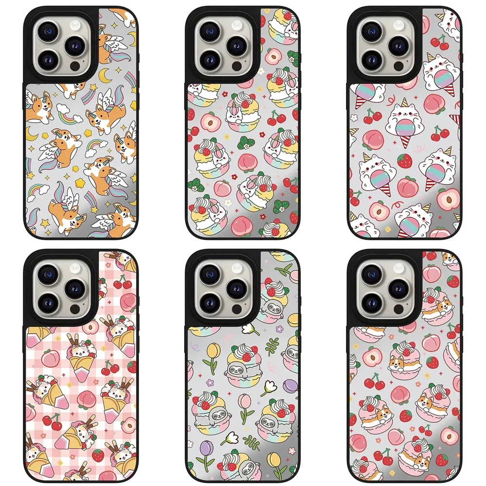 Cute Animals Ice Cream Mirror Magnetic Phone Case Cover for IPhone 11 12 13 14 15 16 Pro Max Case