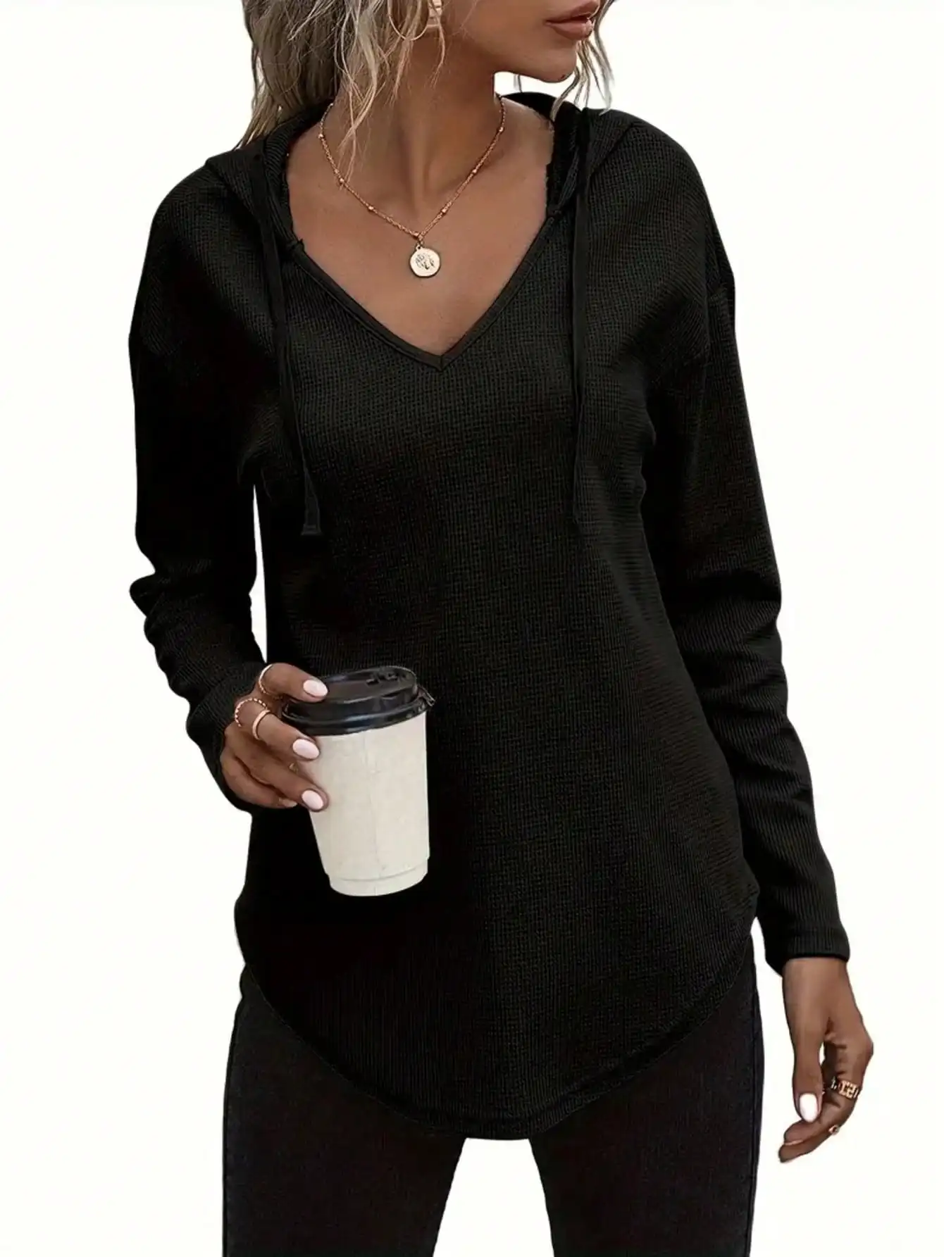 Plus Size 1XL-5XL New Women's Fashion V-neck Long Sleeve Hoodie Sweatshirt Ladies Casual Drawstring Pullover Top