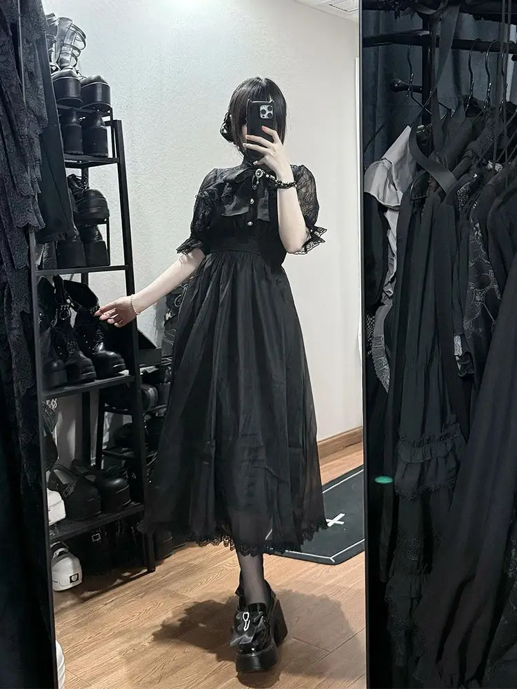 ゴシックヴィンテージY2K和風ワンピース レディース服 蝶ネクタイ レース ロリータファッション ショート丈パーティードレス スリム エレガント ミディ丈ワンピース 新作