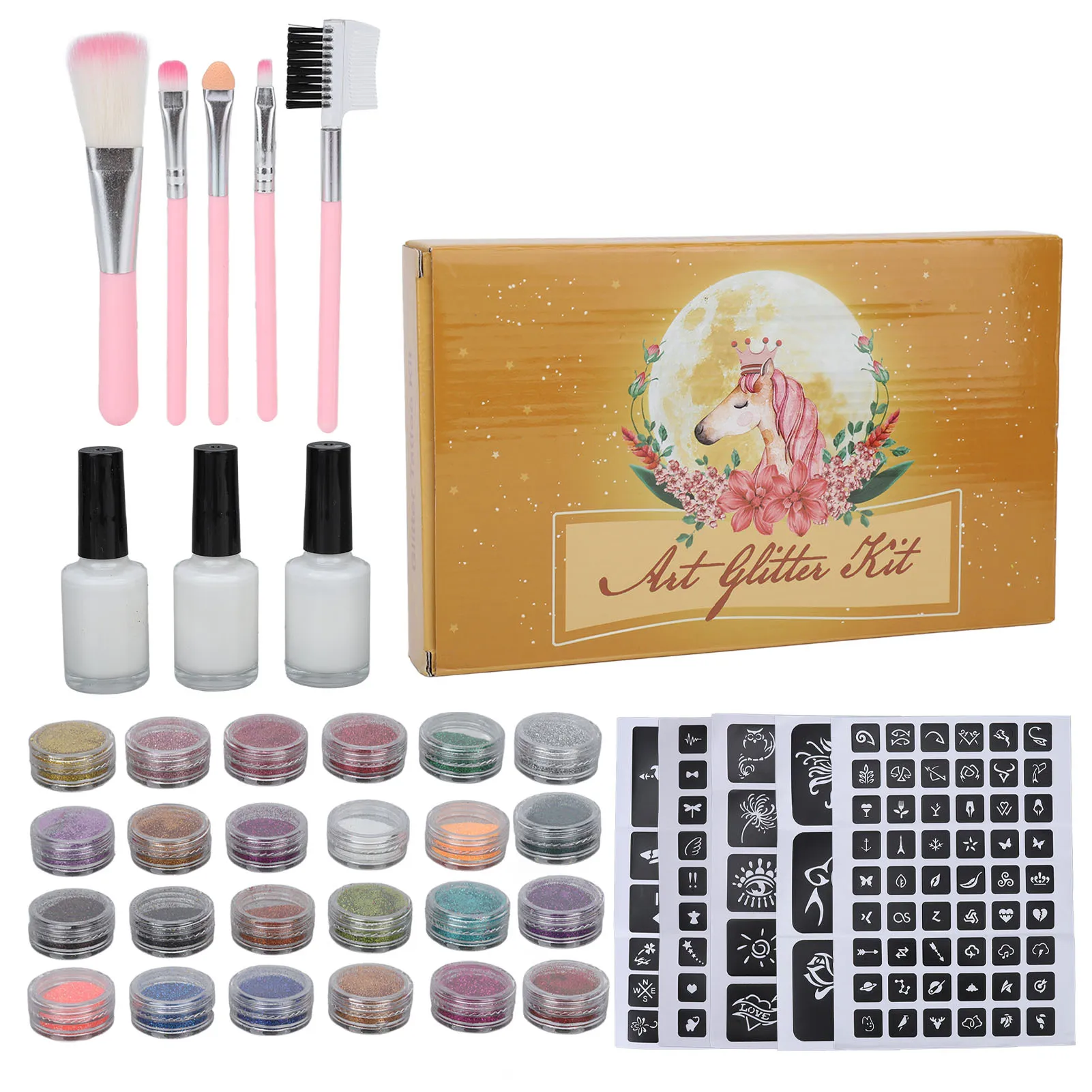 Temporary Tattoo Glitter Kit 24 Colors Face Body Glitter Powder Tattoo Stencil Brush Set For Party Tattoo Glitter Powder Set