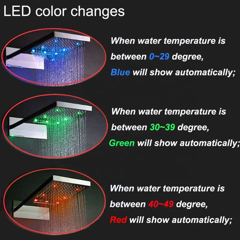 الحمام الفاخرة LED دش صنبور مجموعة الأمطار شلال دش رئيس مع دش ثرموستاتي خلاط كلبشة صمام مجموعة