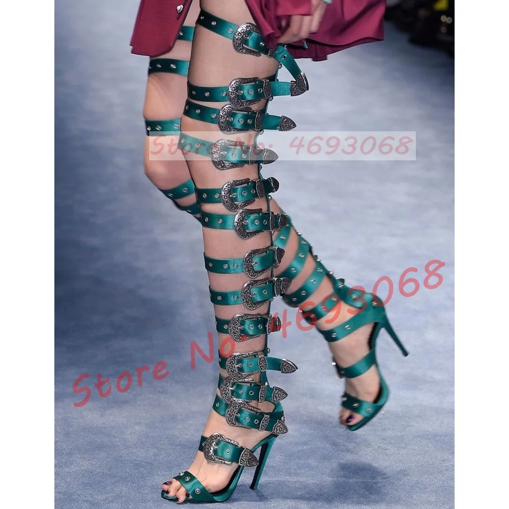 Women Buckle Strap Sandals Boots Green Thigh High Strappy Heels Metal Button Motocross Boots Hippie Boho Sexy Romans High Heels