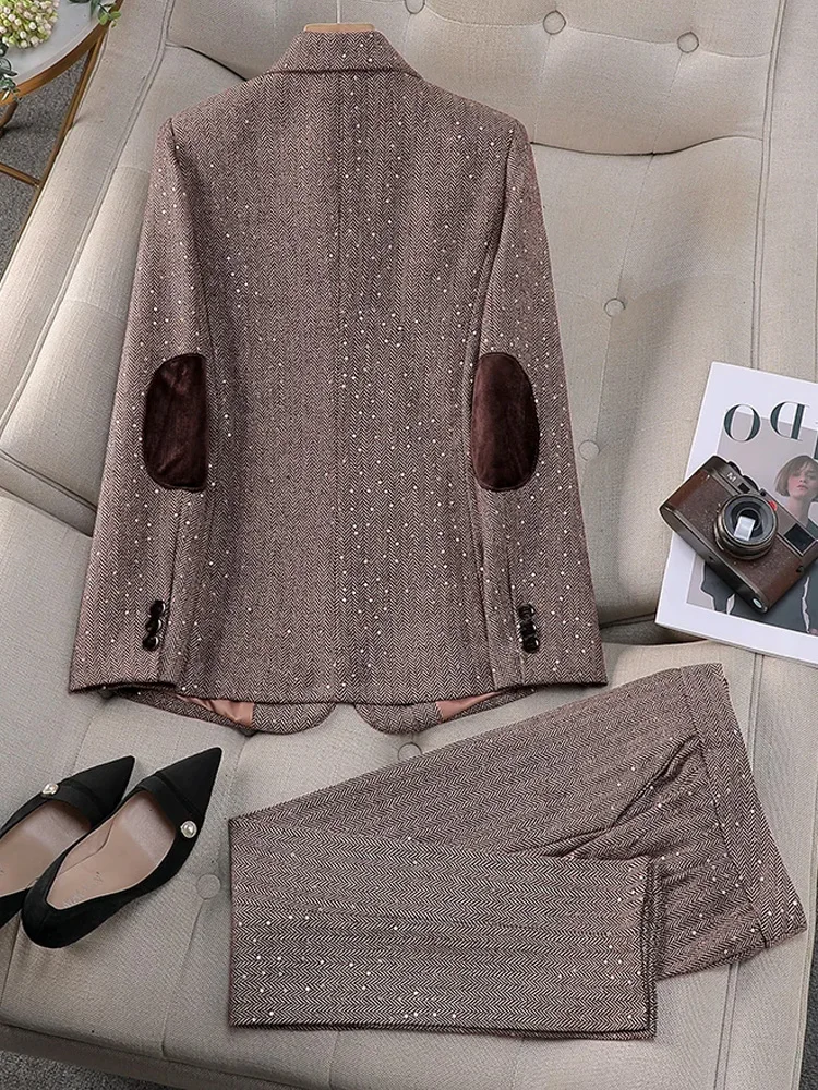 

Shiny Sequins Women Suits Office Sets Fashion Slim Single Button Turn Down Collar Blazers Vintage Flare Pants Suits