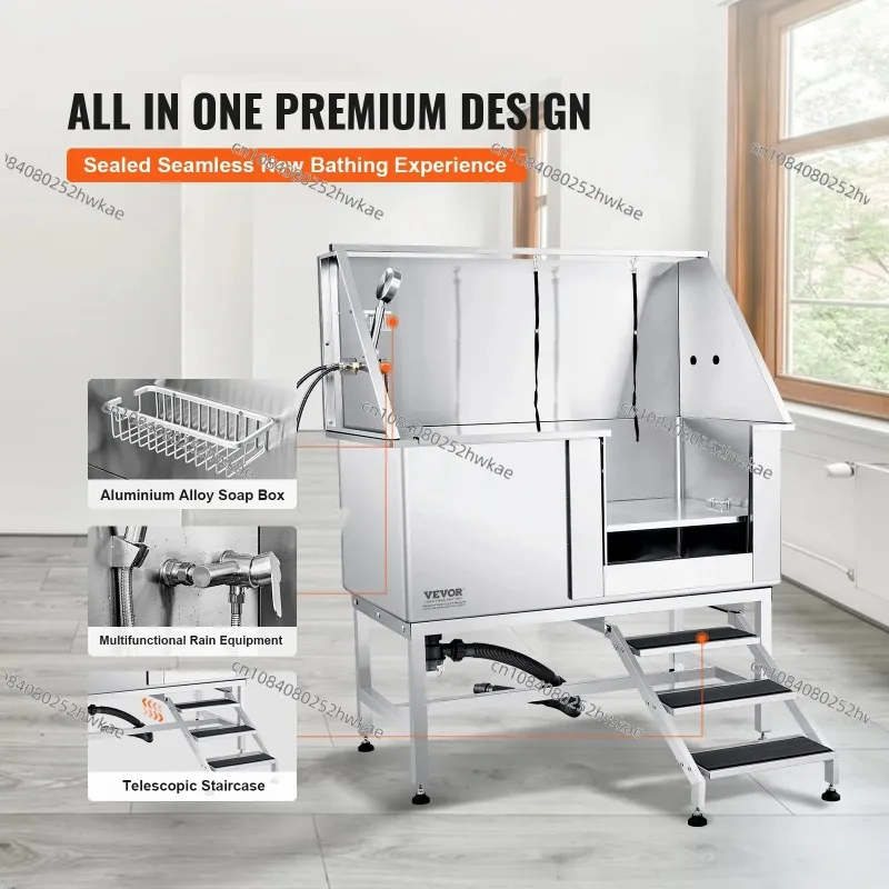 

50" Pet Dog Bathing Station with Stairs Faucet Bathtub Stainless Steel Dog Grooming Tub for Large Pets Washing Sink