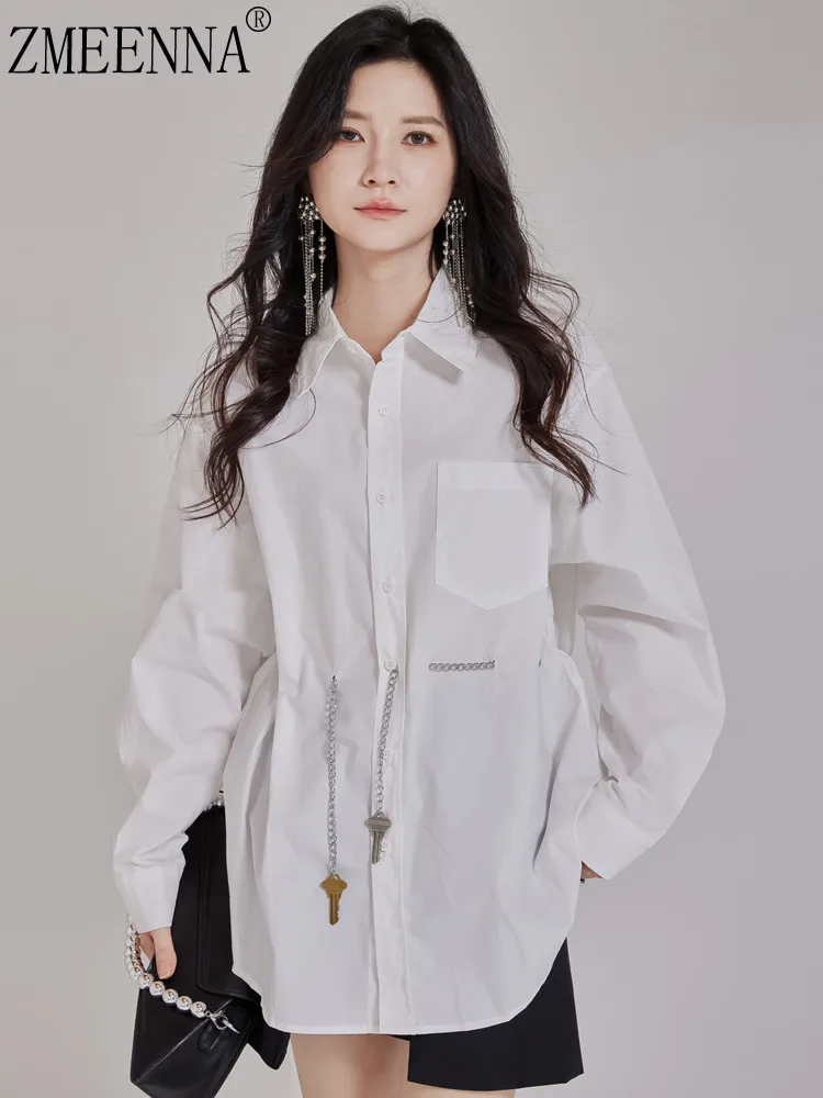 ZMEENNA قميص نسائي أبيض فضفاض مناسب بأزرار وأكمام طويلة وياقة مقلوبة وسلسلة مفاتيح على الموضة غير رسمية ZM4620 #1