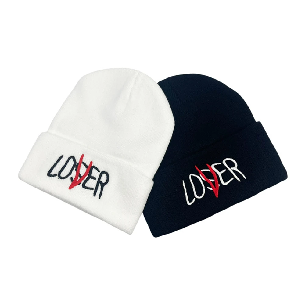 1pcs Winter Warm Knit Hat Lover Loser Alphabet Embroidery Black White