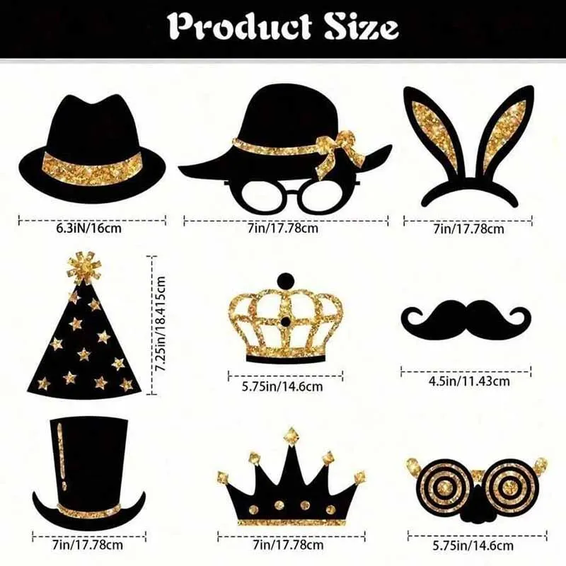 23-teiliges Set schwarze und goldene Papier-Fotorequisiten für Geburtstagshüte, Lippenstift, Krawatte, Krone, Fotografie-Requisiten, Hochzeiten, Partyzubehör – Detail 2