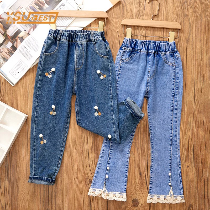 Casual Kids Baby Girls Cherry Flower Cowboy Pants Spring Autumn Kids Baby Girls Children Clothing Baby Girls Jeans