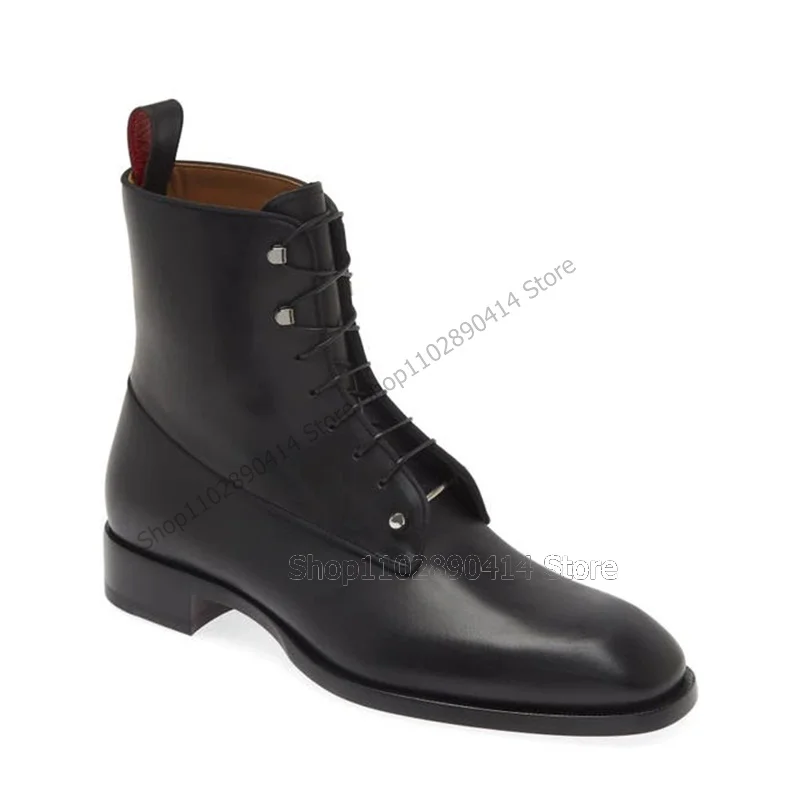 

Metal Decor Black Mid Calf Square Toe Boots Fashion Lace Up Men Boots Luxurious Handmade Party Banquet Office Men Dress Shoes