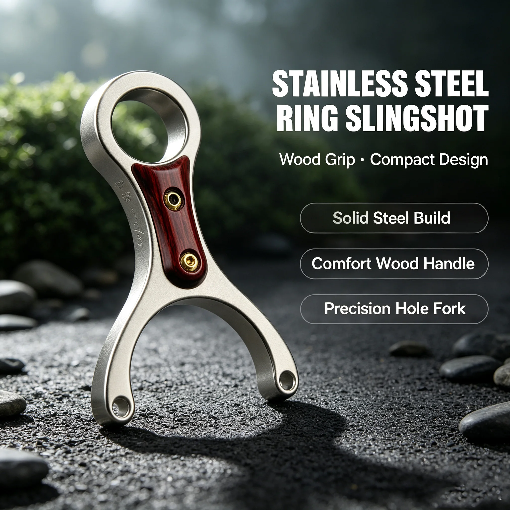 Stainless Steel Y-Shaped Slingshot with Round Fork, Finger Ring & Wood-Grain Inlay for Outdoor Target Practice