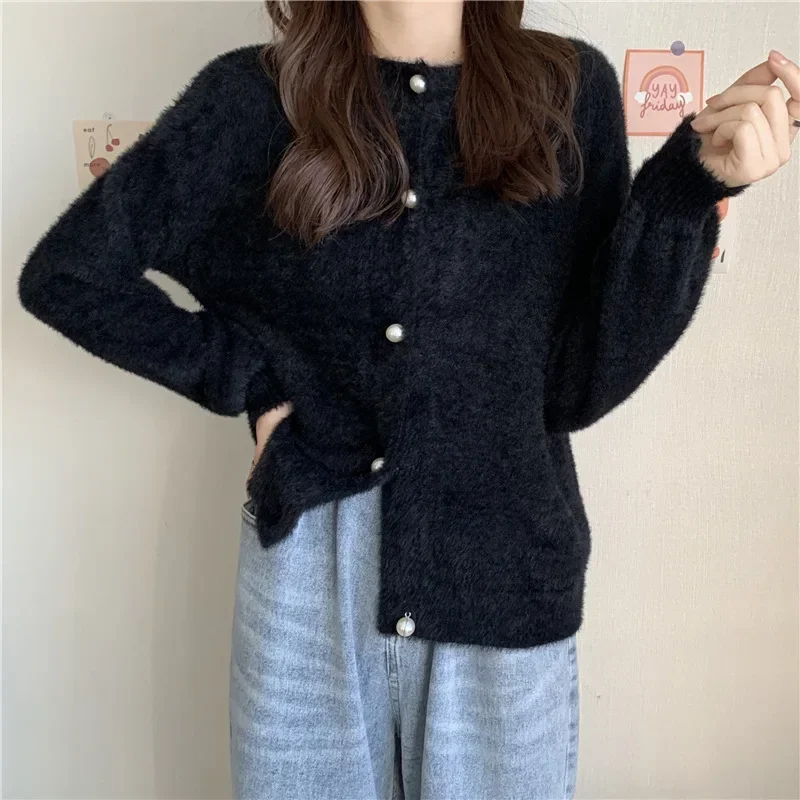 

Korean Simple O-neck Single-breasted Imitation Mink Velvet Knitted Sweater Casual Loose Y2k Cardigan Women Clothes
