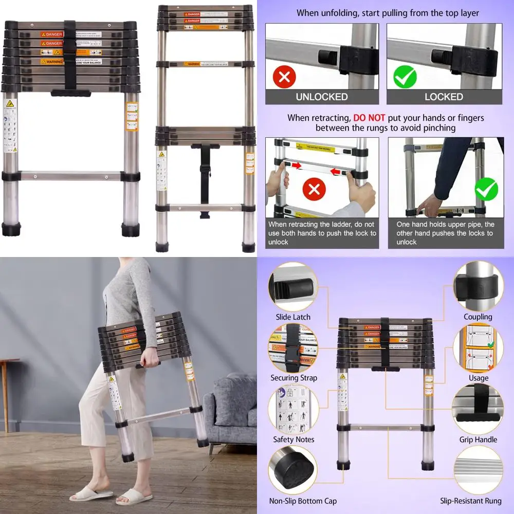 سلم تصغير عالي التحمل بطول 8.5 قدم - سلم تمديد قابل للطي محمول مع سعة تحميل 330 رطل للاستخدام المنزلي