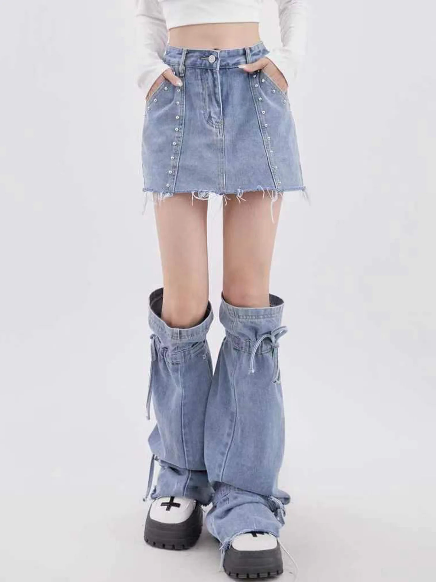 

Ретро-джинсовая юбка в американском стиле, женский летний новый комплект из двух предметов: джинсовый топ и облегающие джинсы с эффектом потертости, в стиле High Street Cool Sweet Style