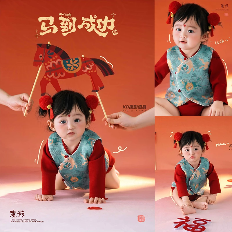 Traditional Chinese New Year Baby Photography Outfit Red Blue Tang Suit Vest with Long Sleeve Shirt for 3-12 month Baby Girls