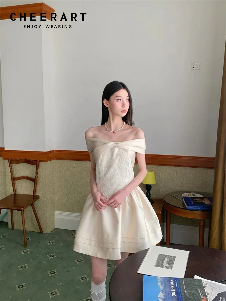 

CHEERART Gold Summer Birthday Dresses Luxury 2025 Off Shoulder Jacquard Ball Gown Cute Elegant Dresses For Woman Clothing