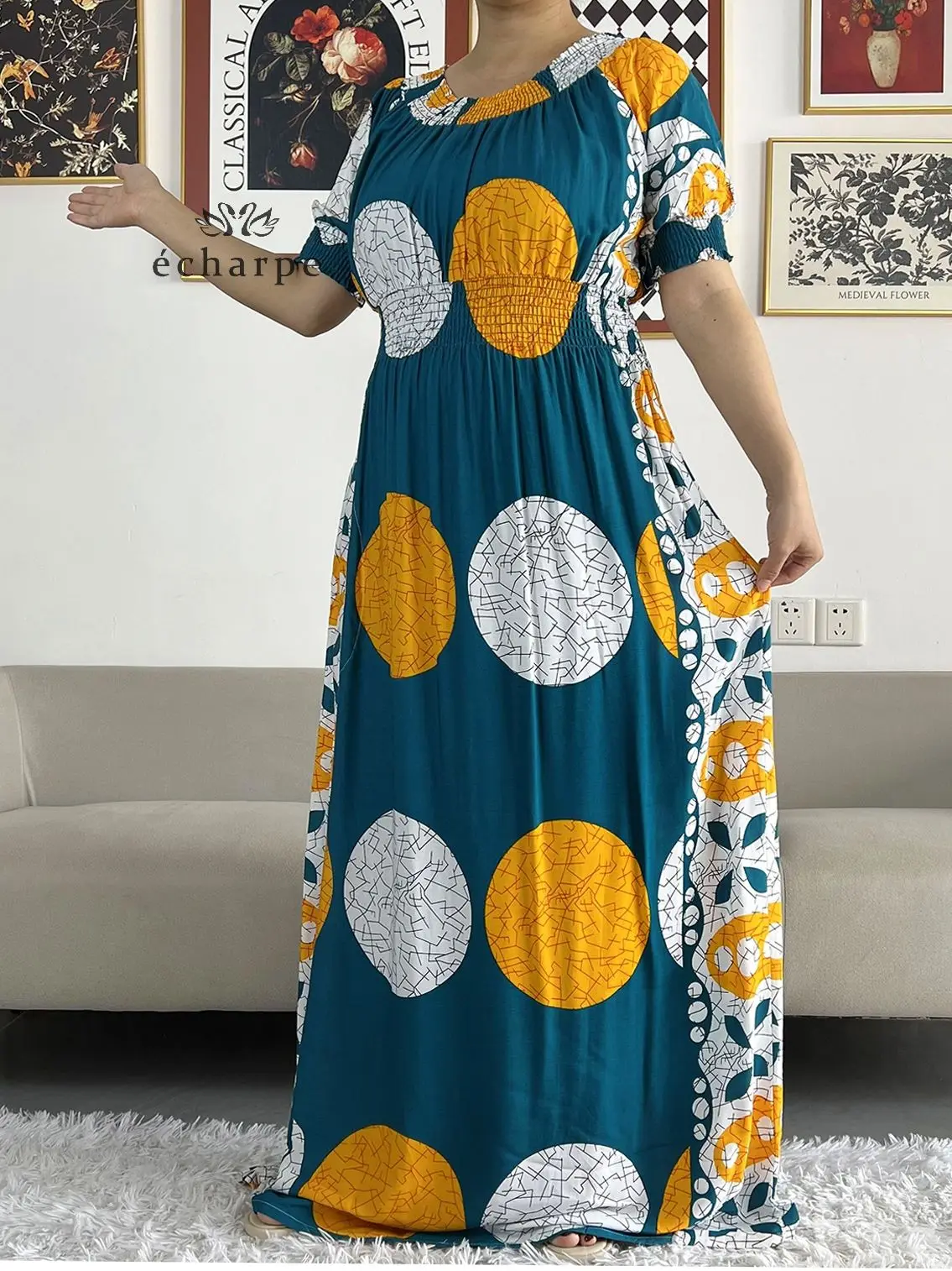 Latest African Dashiki Cotton Floral Dress Printed Short Sleeve Collect Waist Straight Loose African Women Dress with Scarf