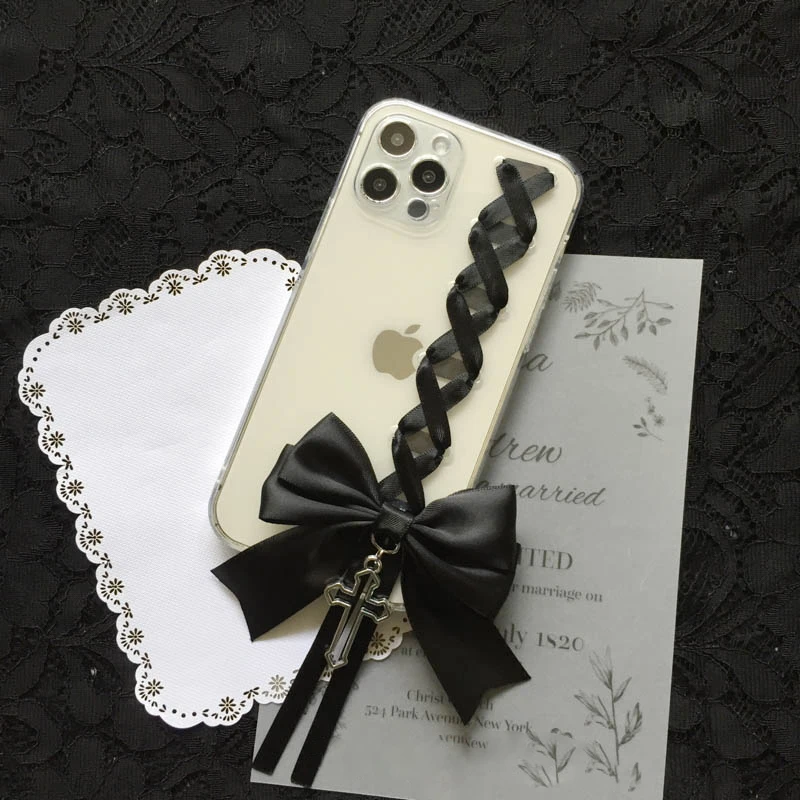 Jiraikei Black Big Ribbon Transparent Phone Case iPhone 14 15 16 Pro Max Plus XS X XR Galaxy Custom Soft Cover