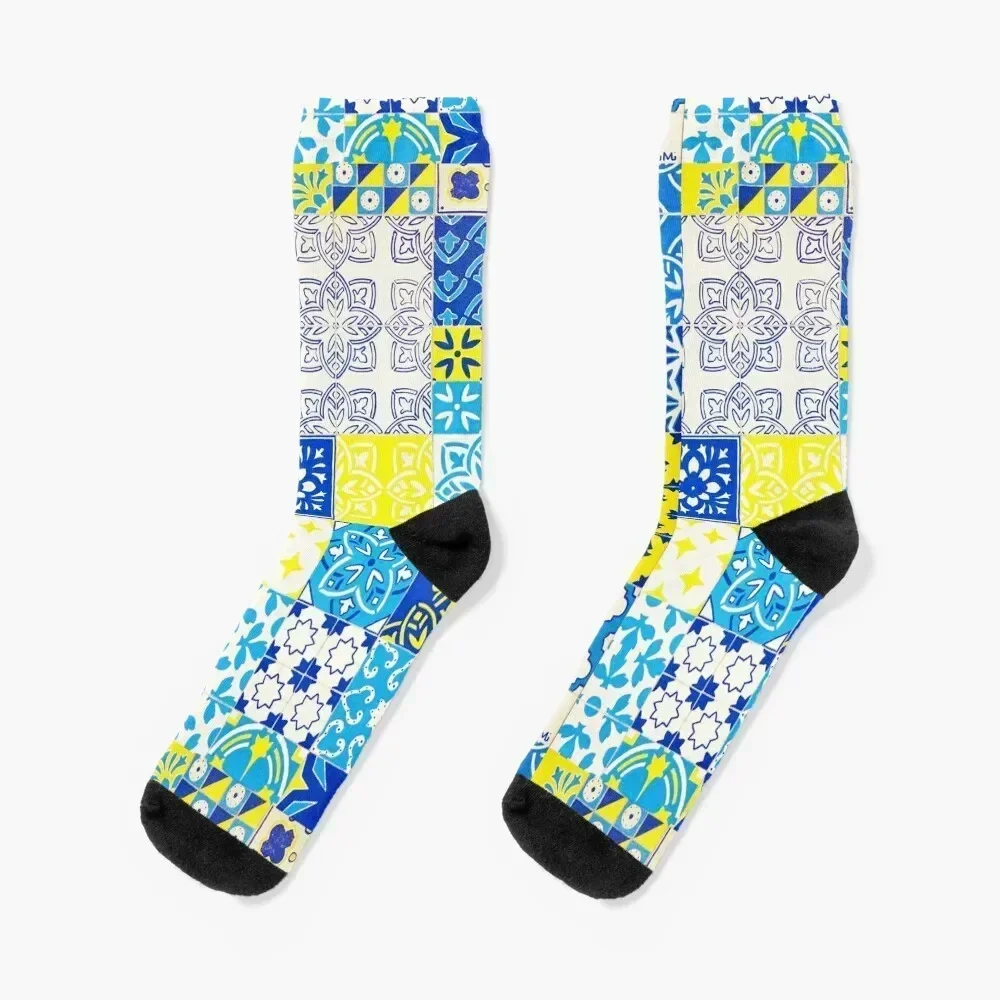 

Portuguese Tiles Yellow and Blue Socks sport Antiskid soccer shoes Socks Female Men's