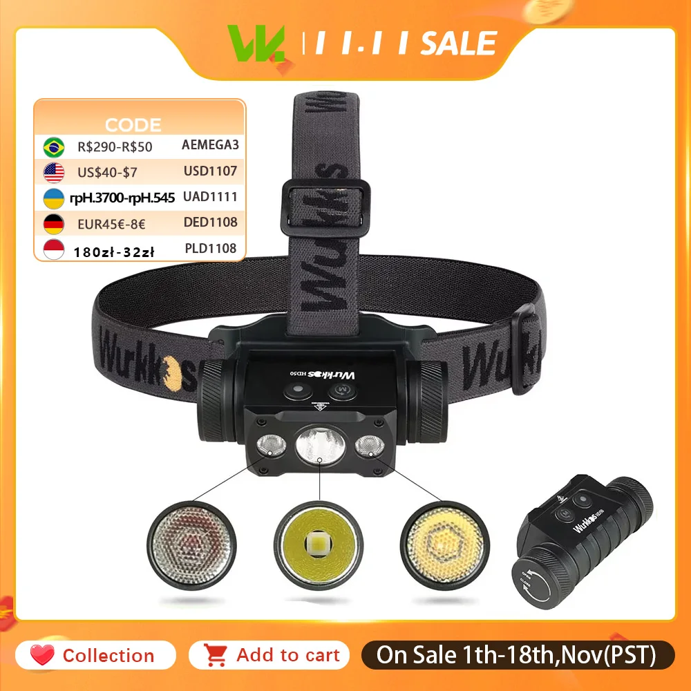 Wurkkos HD50 헤드램프 초고휘도 4000 루멘 레드 및 화이트 라이트 기능 탑재 21700 USB-C 충전식 LED 토치