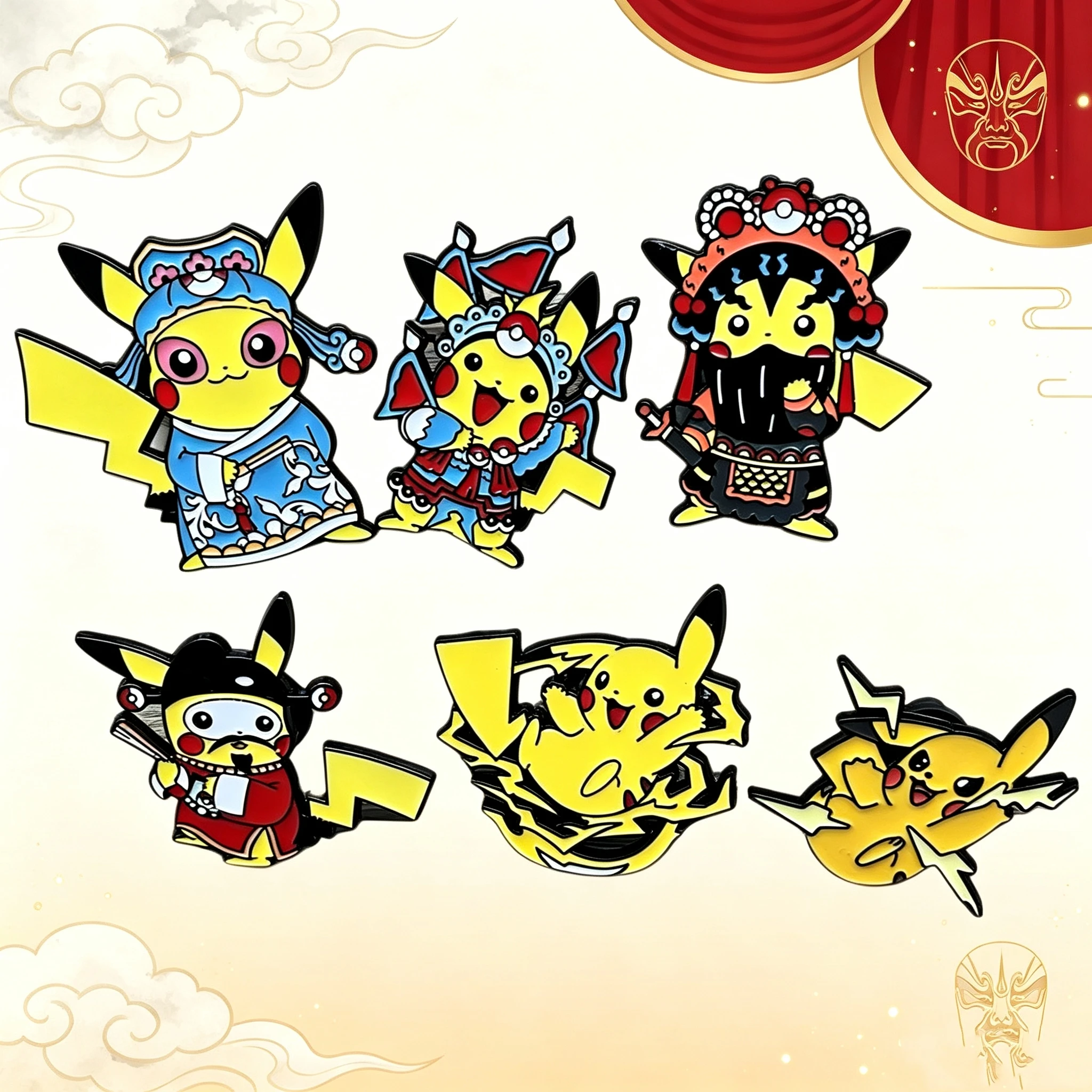 6Pcs Chinese Opera Chibi Creature Enamel Pins, Cartoon Beast in Traditional Costume, Lapel Badges for Backpack Clothing Decor