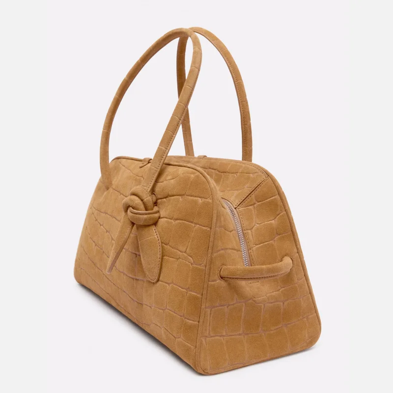 Women's Crocodile Embossed Bowling Bag, Luxury Designer New in Handbag with Bow Detail, Top Handle Soft Totes For Ladies