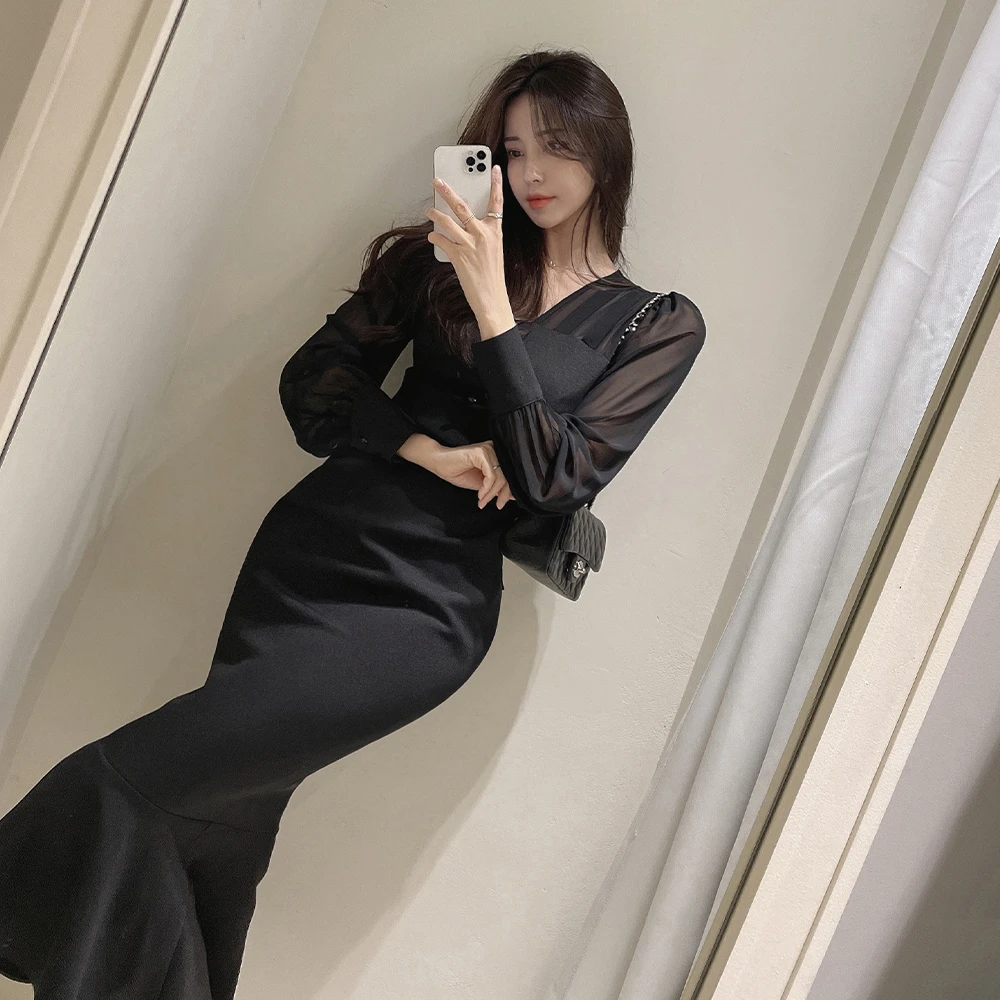 2023 Korean Office Lady Dress Black Mesh Bubble Sleeve Slim Mermaid Dress OL Temperament Dress Elegant White Gentle Long Dress