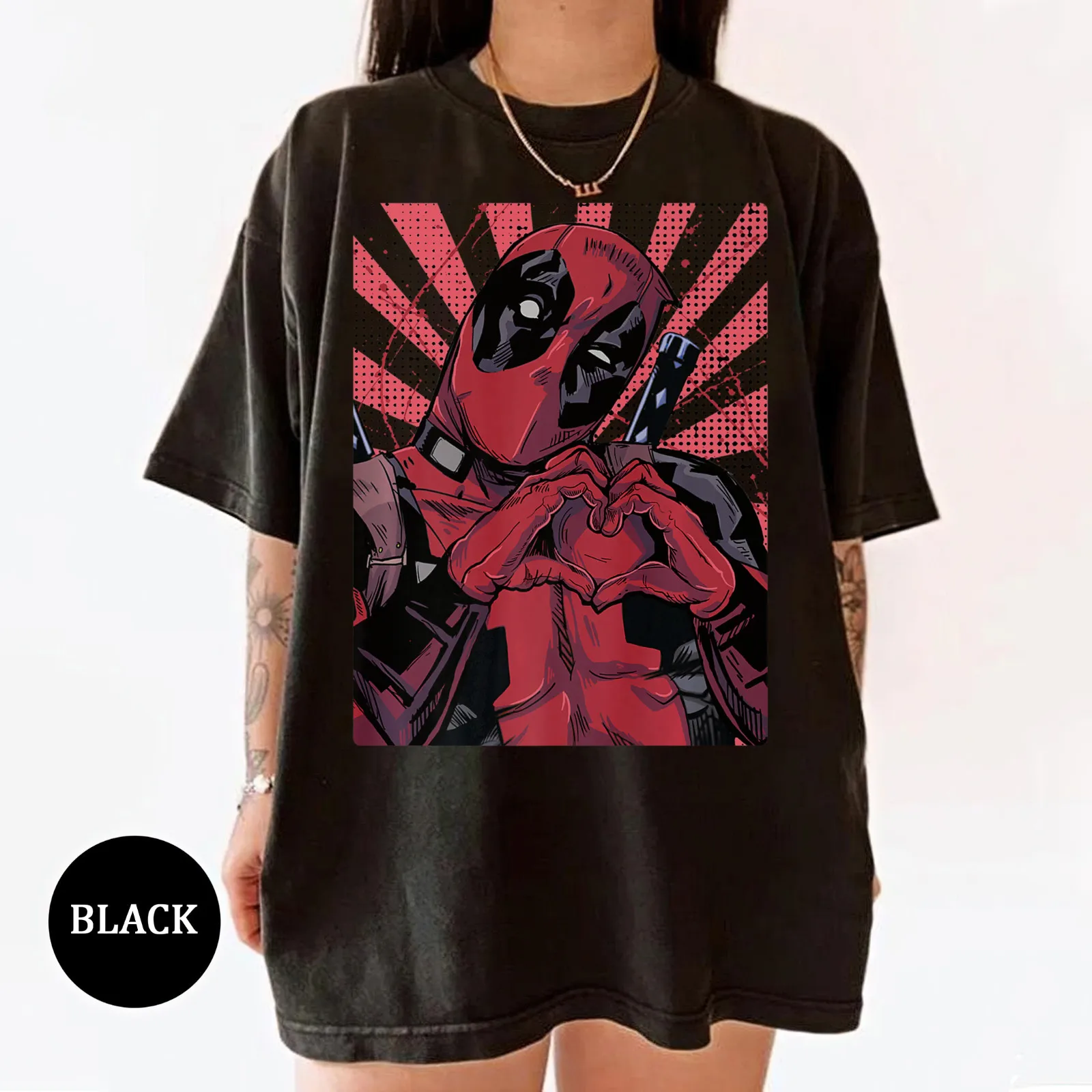 

Marvel Deadpool Closed Hand Heart Unisex Short Sleeve T-shirt Summer Men Women Vintage Y2K Round Neck Cotton Print Streetwear