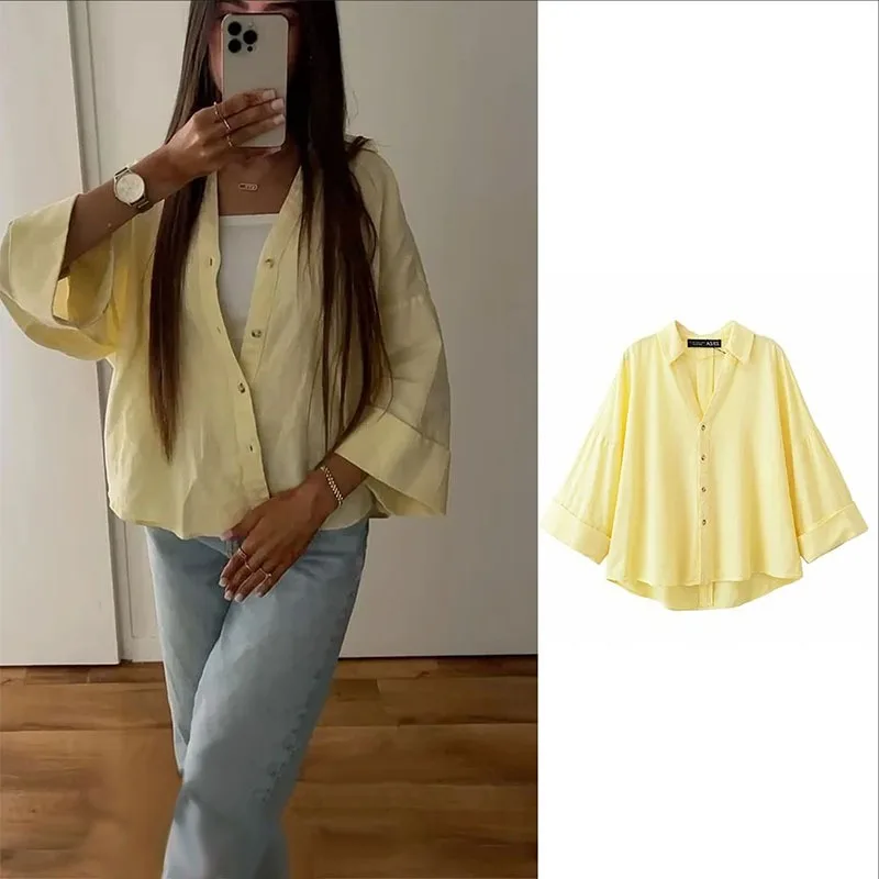 

Women Solid Color Shirt Spring Summer Office Lady Elegant Blouses Loose Single Breasted Tops Female Lapel Wide Sleeve Shirt