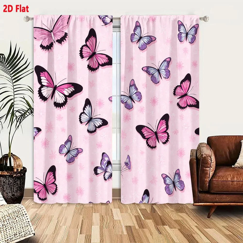 2Pcs Curtains 2D Flat Seamless Pattern Light Pink Background With Small Delicate Floral Motifs And Stylized Cartoon Butterflies