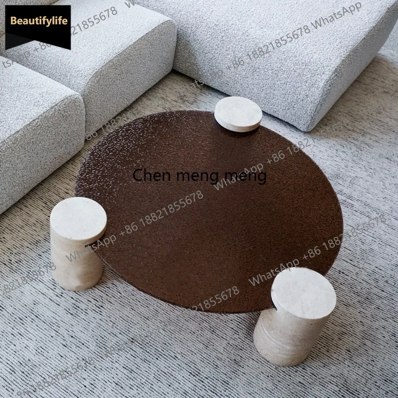 M183 Light luxury high-end natural travertine water corrugated glass round coffee table designer living room coffee table