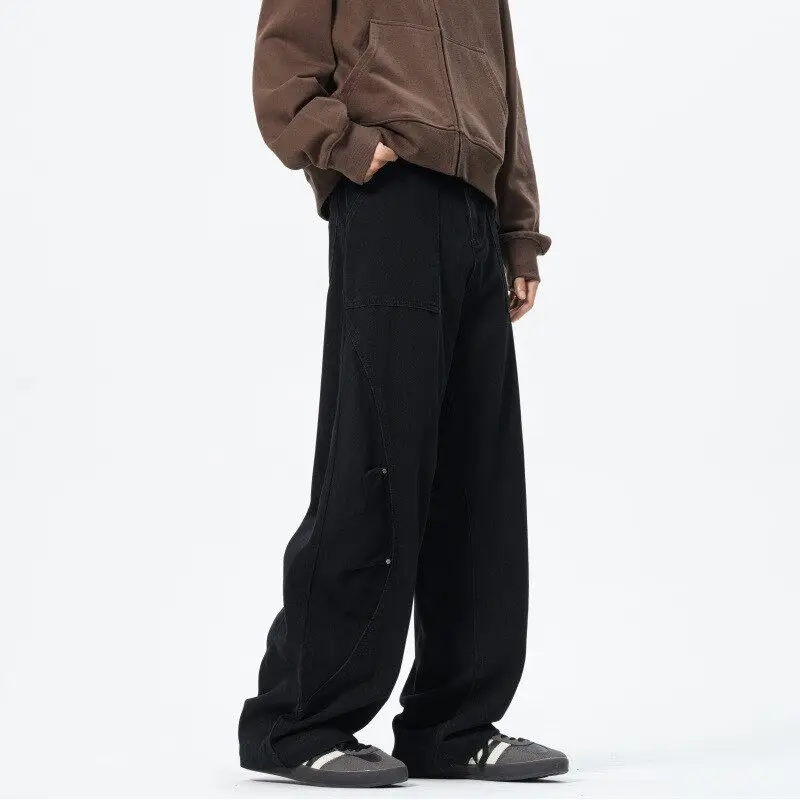 Patchwork style Men\'s Baggy Straight Jeans Personality unisex Fashion Korean High Street Denim Pants Streetwear Male Trousers
