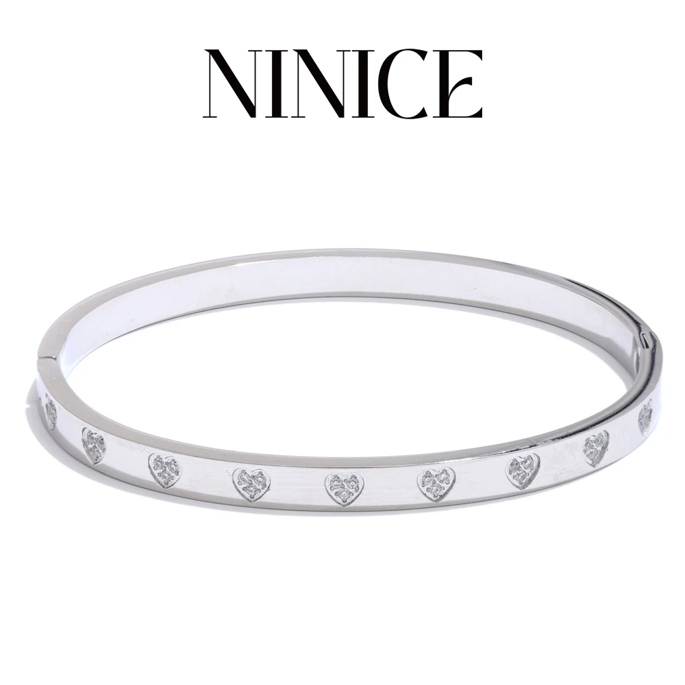 

NiNice 2025 Stainless Steel Inlaid Zirconia Heart Round Bracelet Bangle Tarnish Free Waterproof Jewelry Fashion Accessories