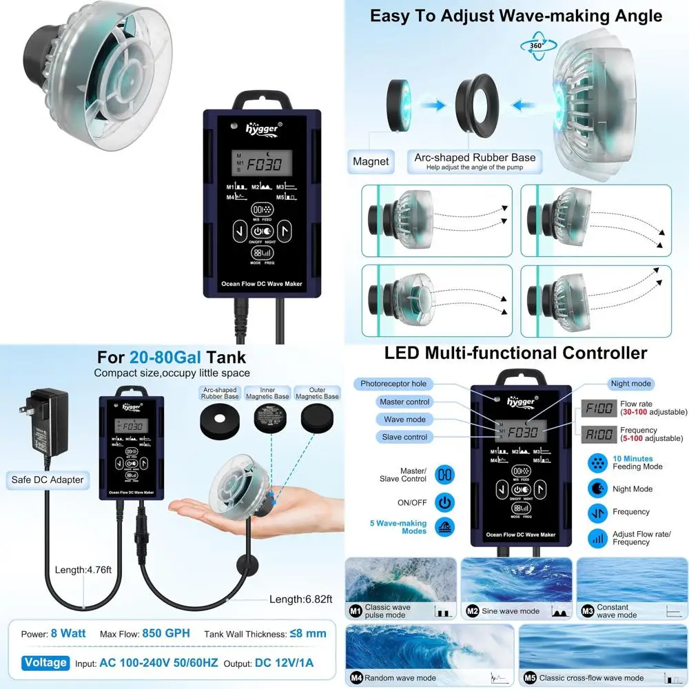 

Ультратихий прозрачный волногенератор с контроллером для пресноводных и коралловых аквариумов объемом 20-80 галлонов, насос 12В 850GPH