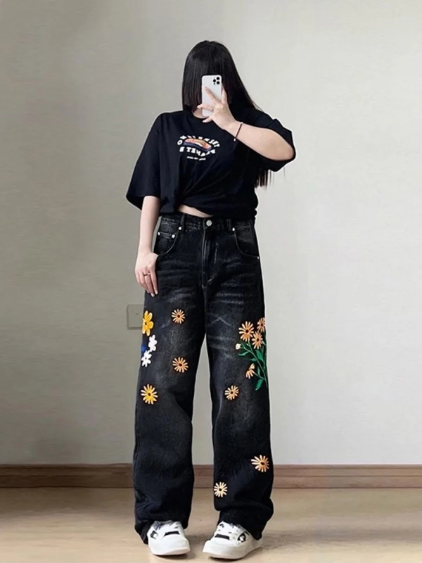 

Мужские джинсы свободного кроя с цветочной вышивкой, повседневные прямые брюки из денима, дышащие, удобные, немнущиеся, антибактериальные