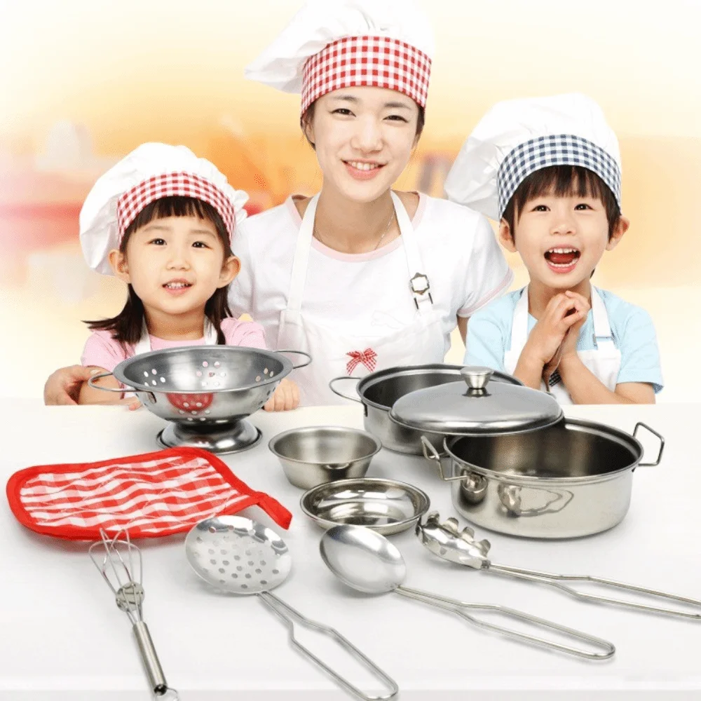 Juego de cocina de simulación de acero inoxidable, Mini con tapa, juguetes de cocina para niños, utensilios de cocina interactivos de acero inoxidable simulado